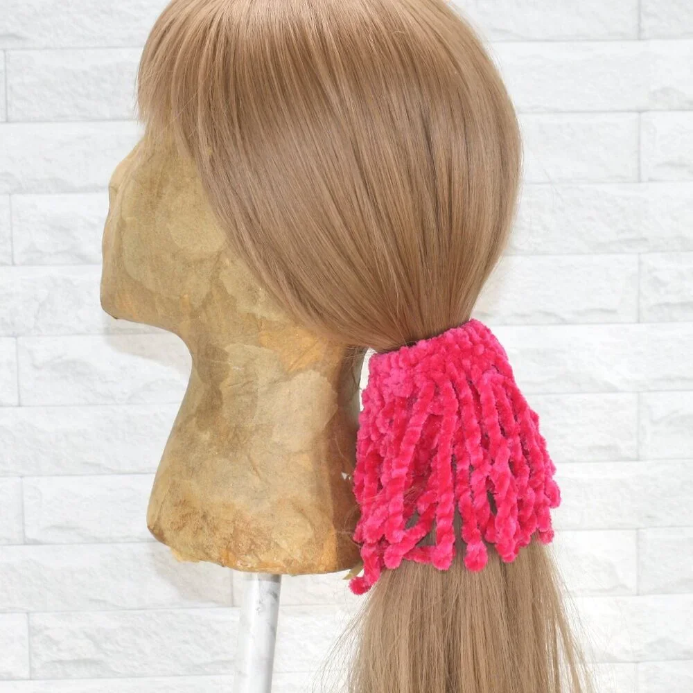 HAND CRAFTED Hair Scrunchie Fringe Crochet Kids Chenille Velvet Oversized Pink